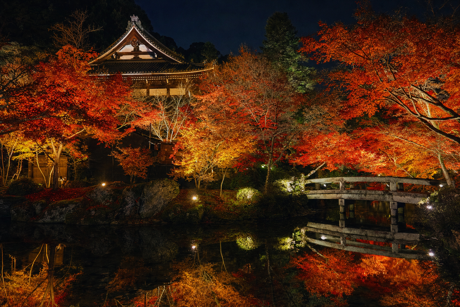Temple illuminé de nuit en automne à Kyoto