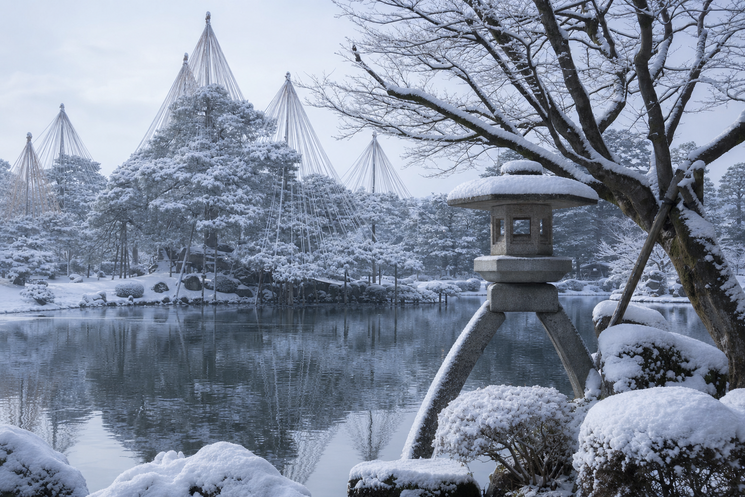 Kenroku-en in winter with yukitsuri snow protection