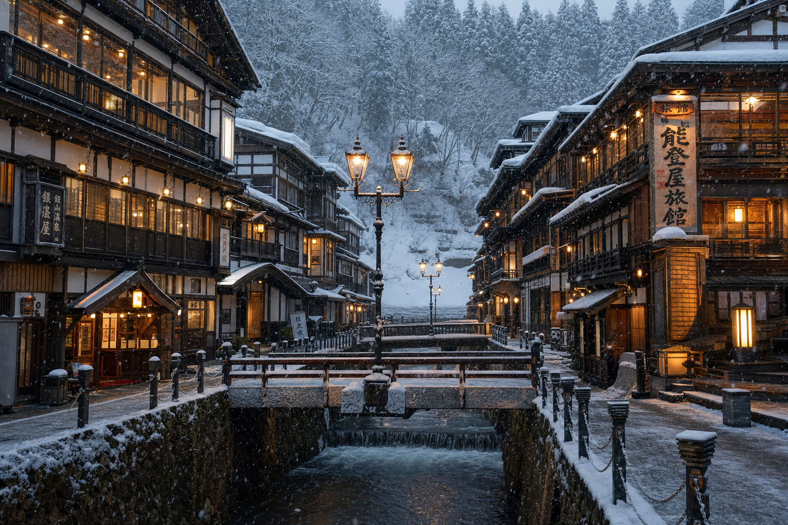Ginzan Onsen village under snow at dusk