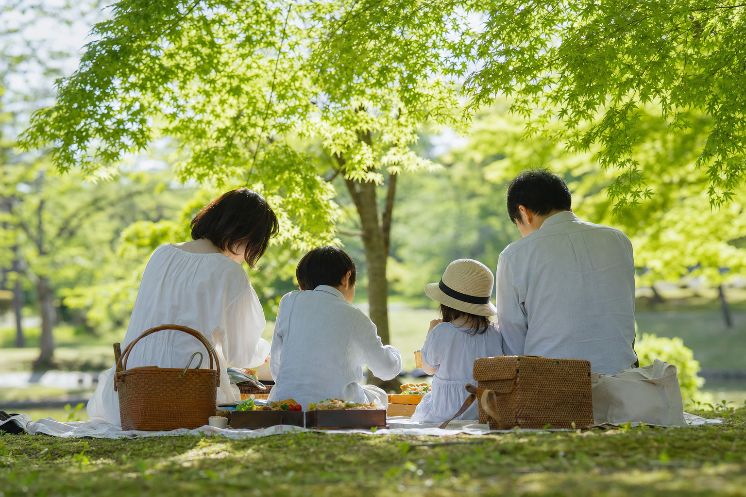 Japanese family picnic in spring