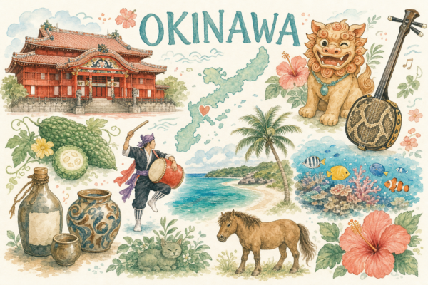 Illustration aquarelle d'Okinawa : château de Shuri, shisa, sanshin, goya, awamori, plage turquoise, eisa, corail