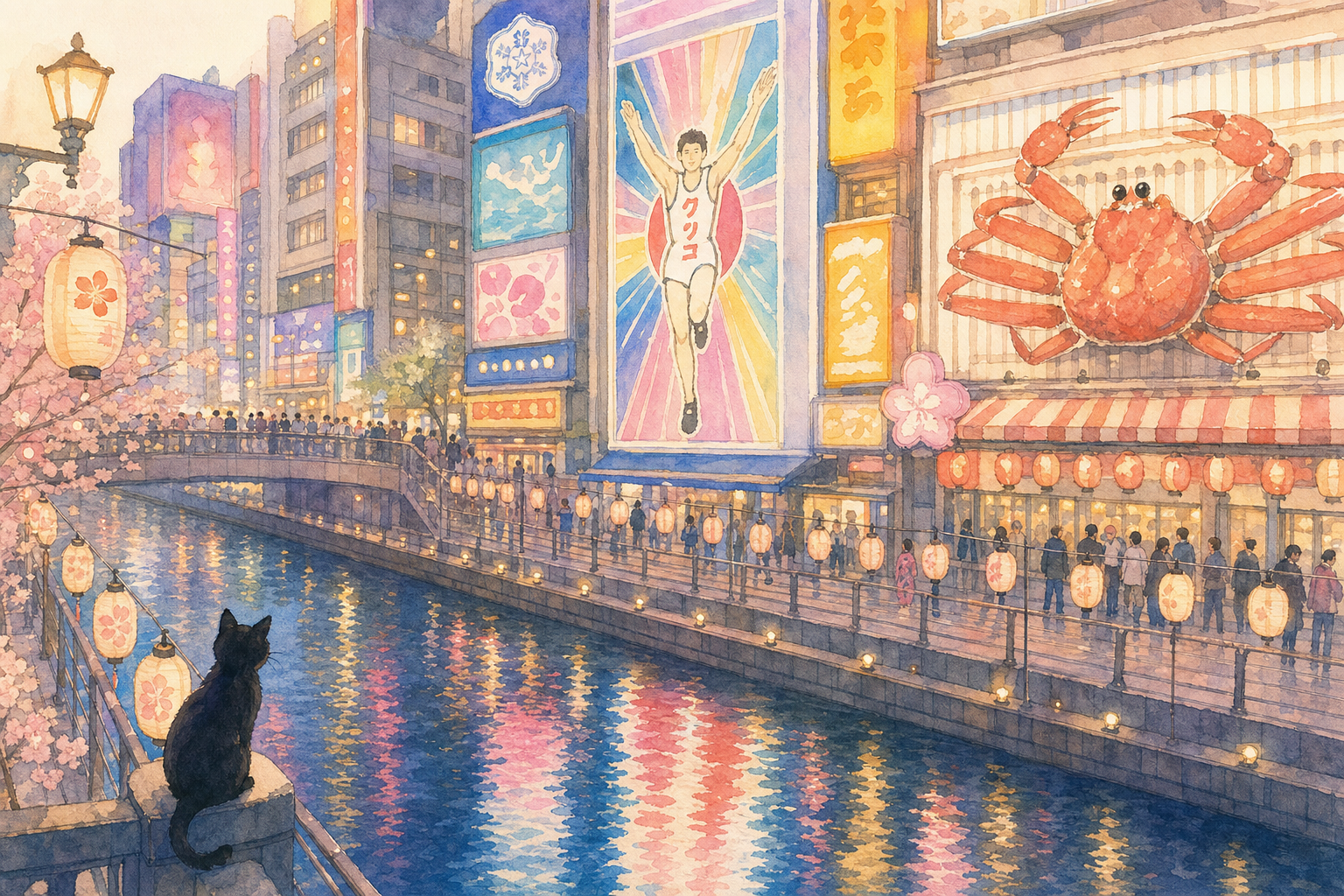 Dotonbori la nuit avec le Glico Running Man et lanternes sur le canal