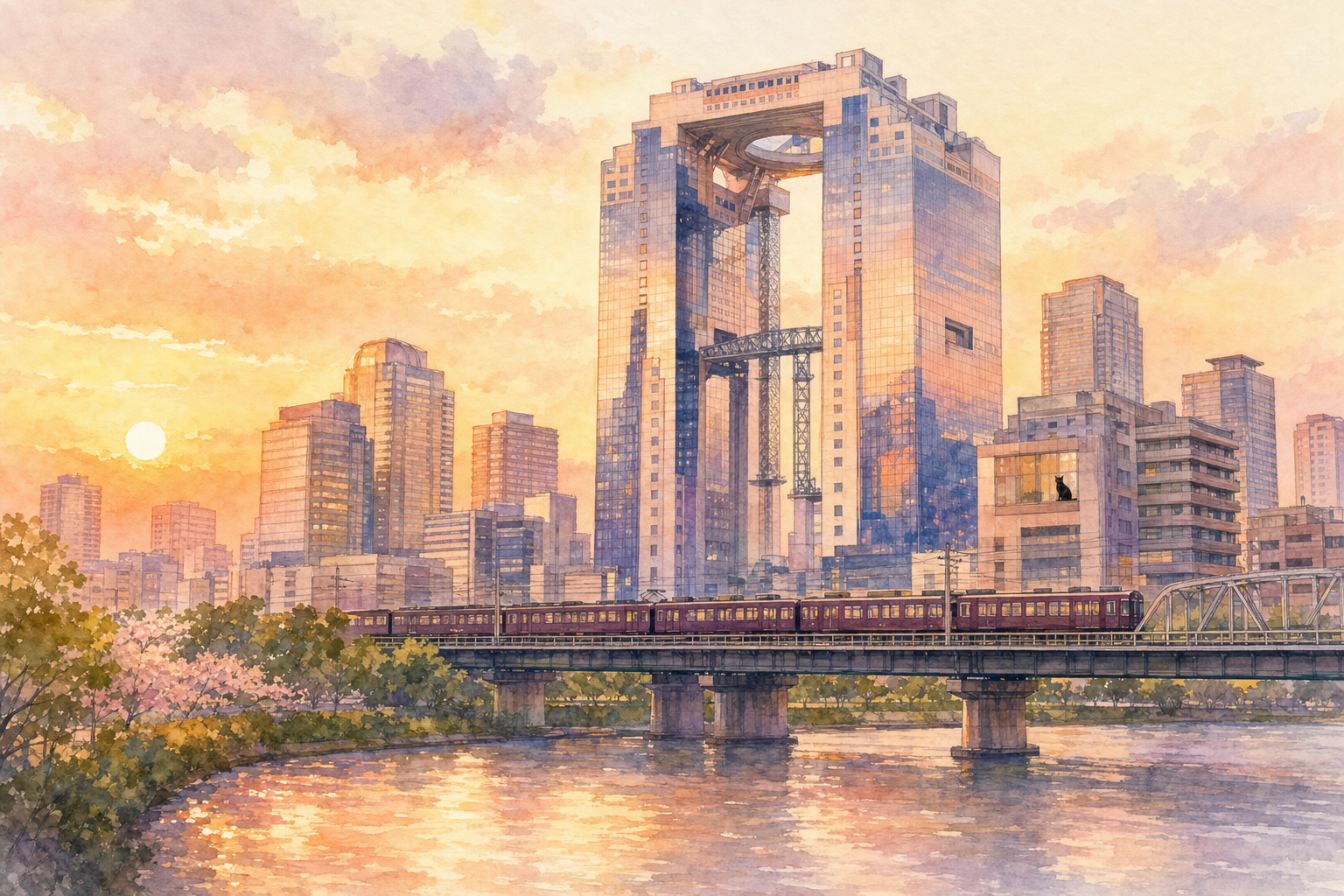 Umeda Sky Building au coucher du soleil avec l'observatoire flottant