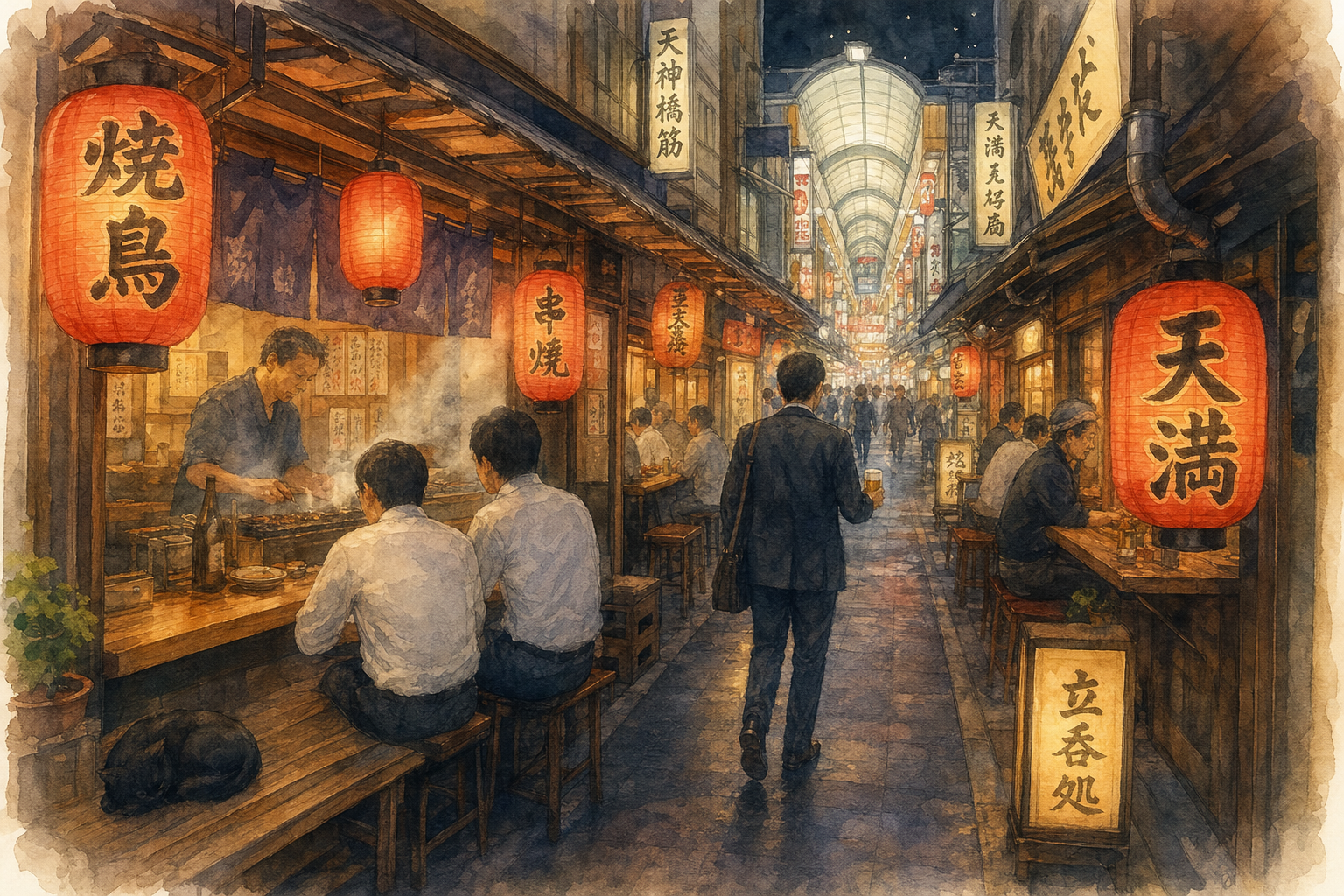 Ruelle d'izakaya à Tenma la nuit, lanternes rouges et fumée de yakitori