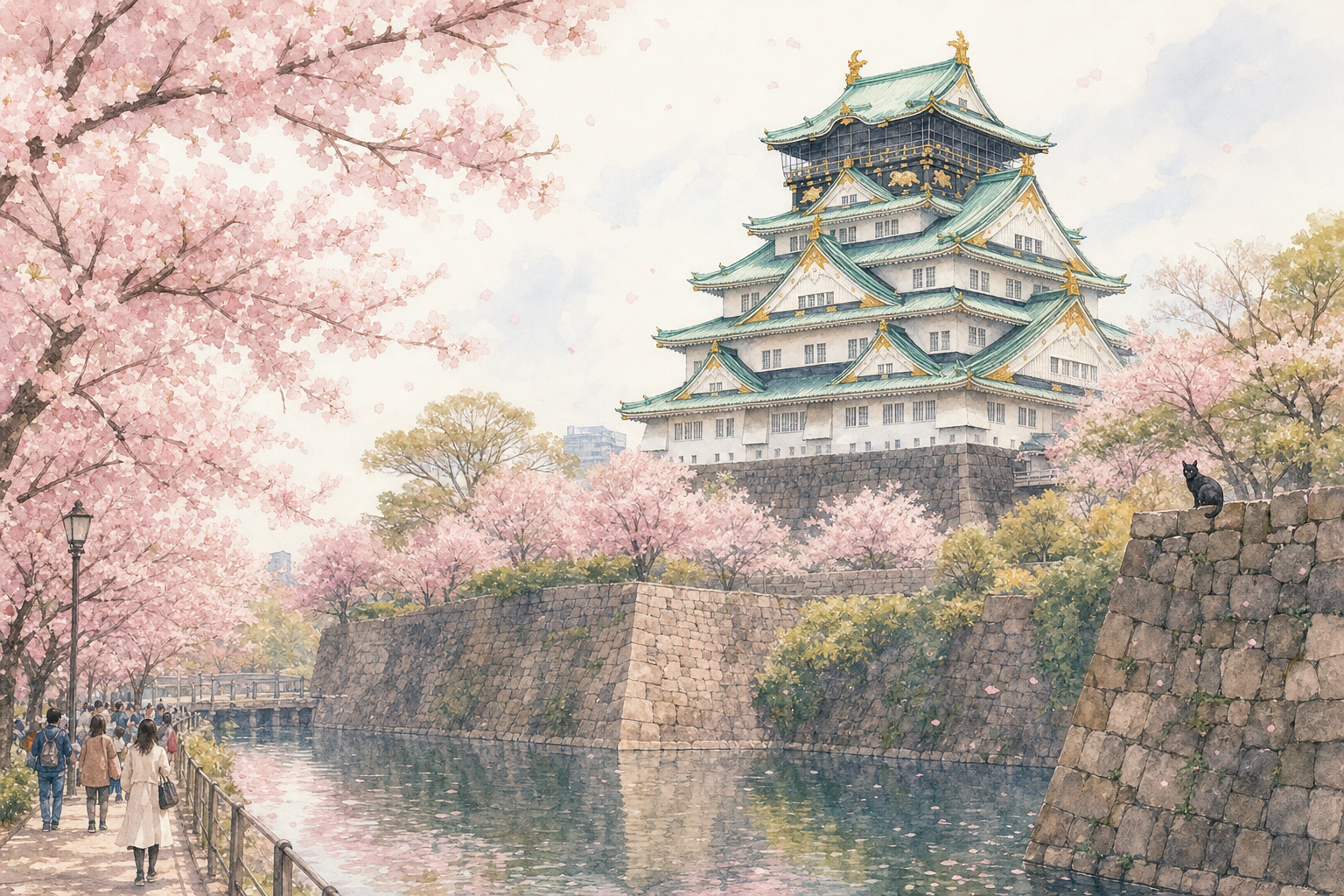 Le château d'Osaka au printemps entouré de cerisiers en fleurs