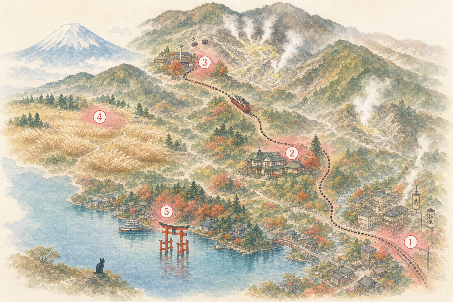 Carte stylisée des 5 aires recommandées dans la vallée de Hakone : Yumoto, Miyanoshita, Gora, Sengokuhara, Moto-Hakone