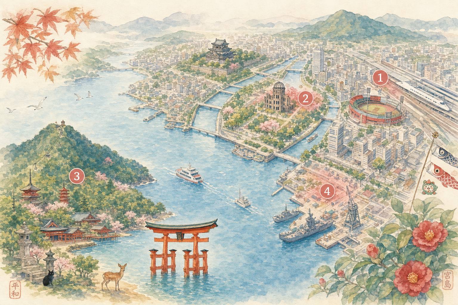 Carte stylisée des 4 zones recommandées à Hiroshima et Miyajima : Gare, Hondori, Miyajima, Port