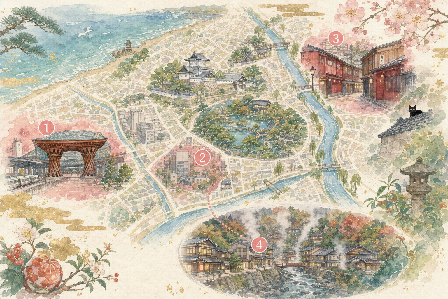Carte stylisée des 4 zones recommandées à Kanazawa : Gare, Korinbo, Higashi Chaya, Yamashiro onsen