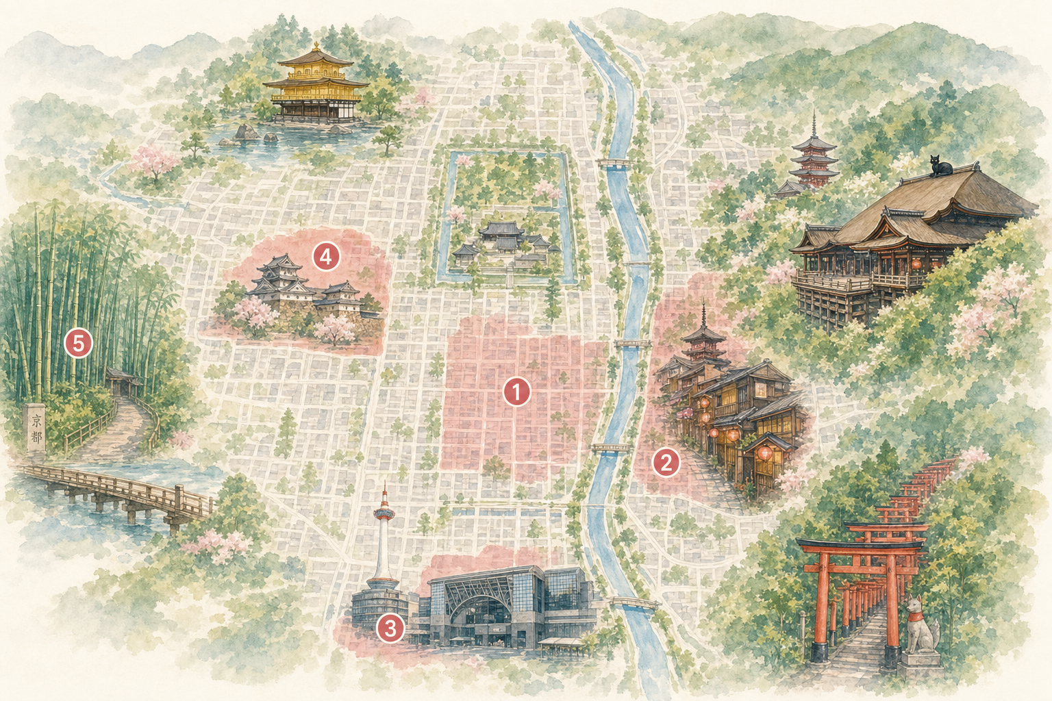 Carte stylisée des 5 quartiers recommandés à Kyoto : Centre-ville, Gion, Gare, Palais Impérial, Arashiyama