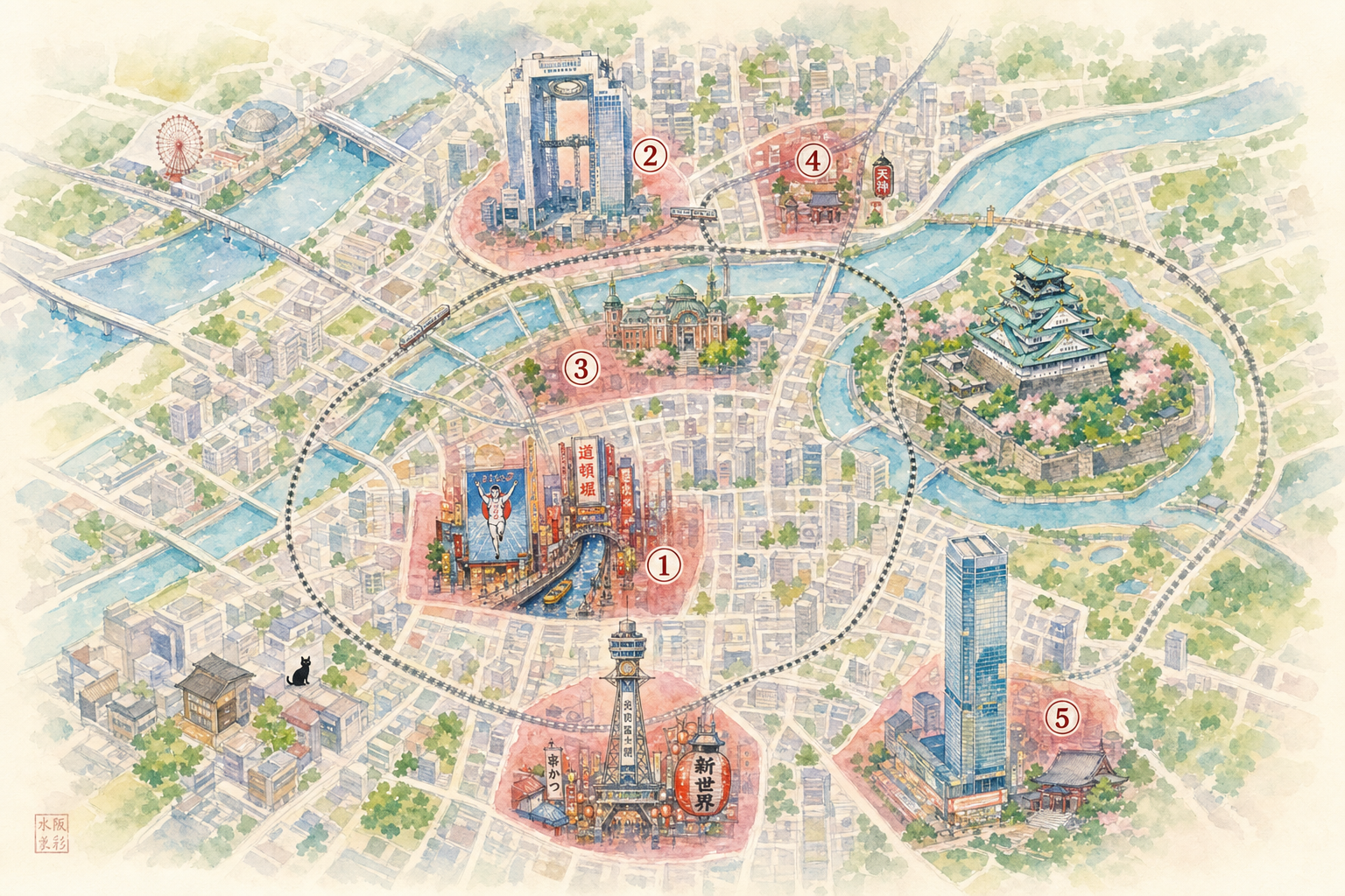 Carte stylisée des 5 quartiers recommandés à Osaka : Namba, Umeda, Nakanoshima, Tenma, Tennoji