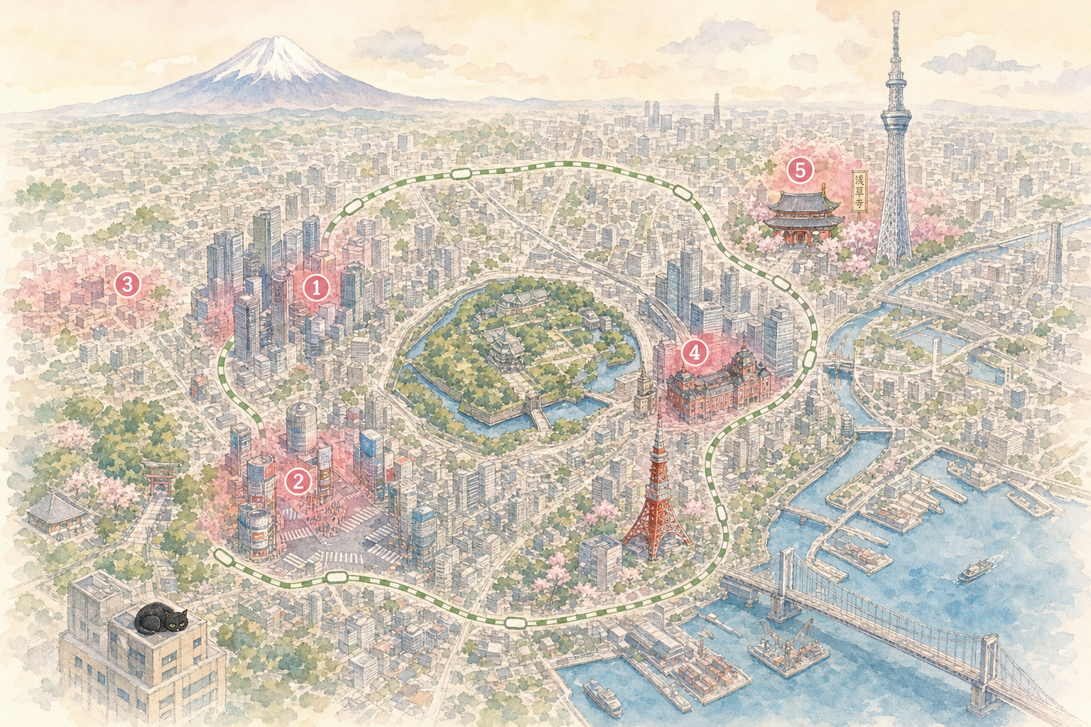 Carte stylisée des 5 quartiers recommandés à Tokyo : Shinjuku, Shibuya, Nakano, Ginza, Asakusa