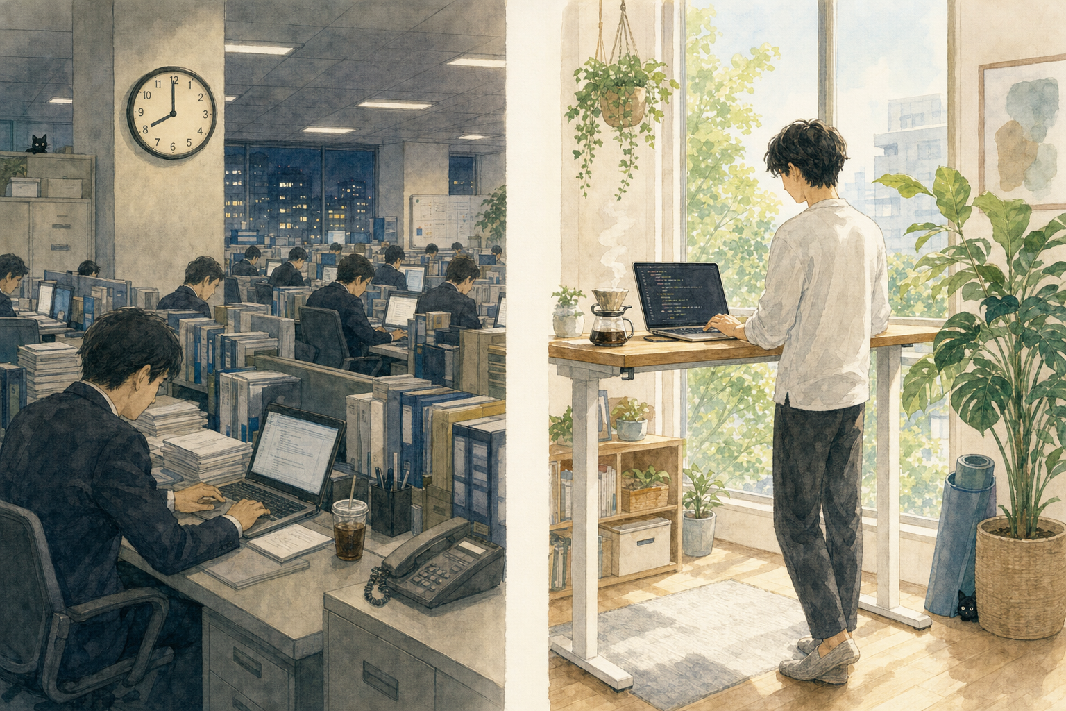 Comparaison entre bureau salaryman classique et startup moderne au Japon