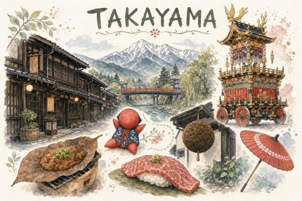 Illustration aquarelle de Takayama : rue Sannomachi, char yatai du matsuri, poupée sarubobo, sugi-dama de brasserie, hida-gyu sushi, hōba miso, Alpes japonaises