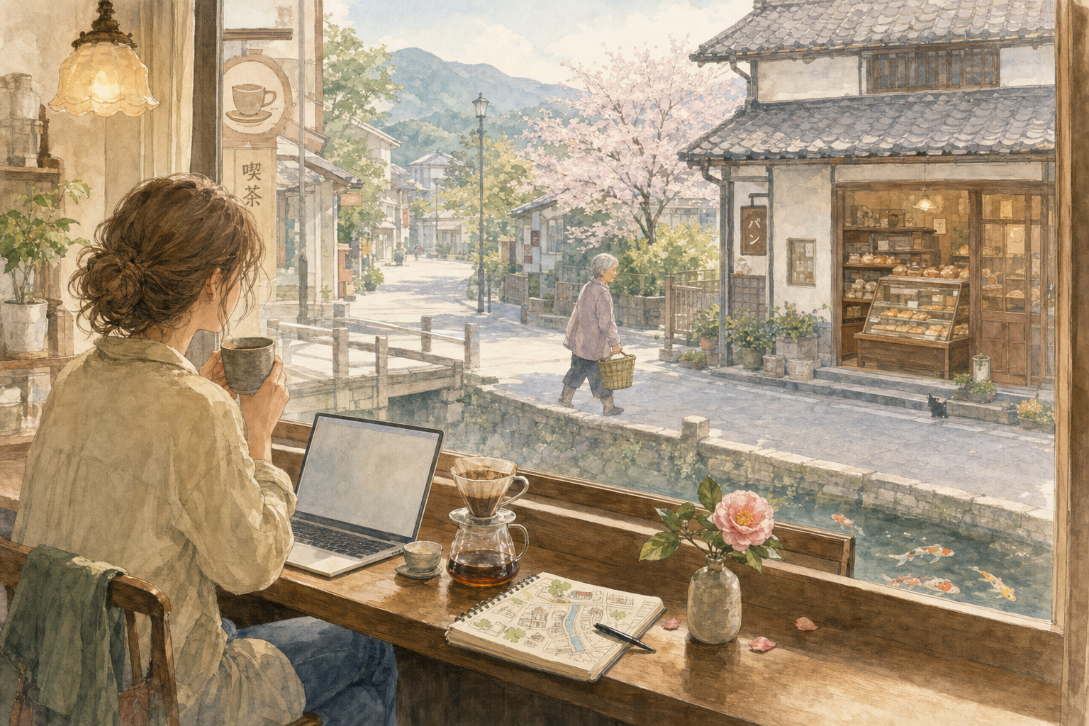 Voyageur installé dans un kissaten d'une petite ville japonaise