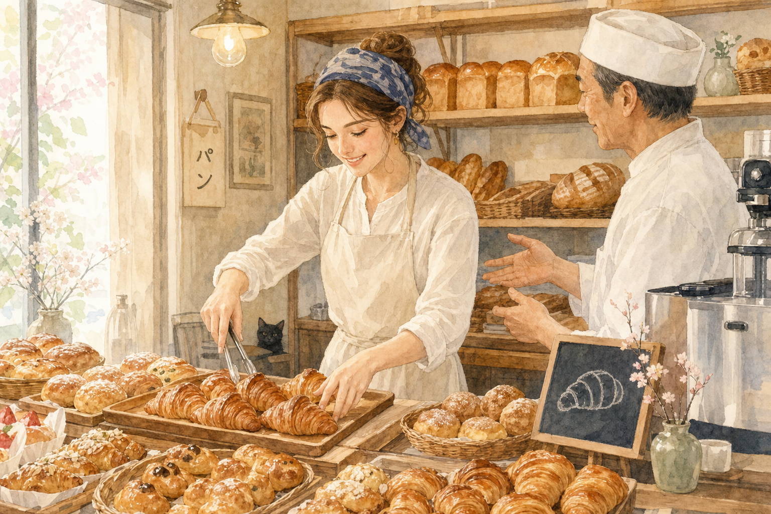 Jeune voyageur travaillant dans une boulangerie japonaise