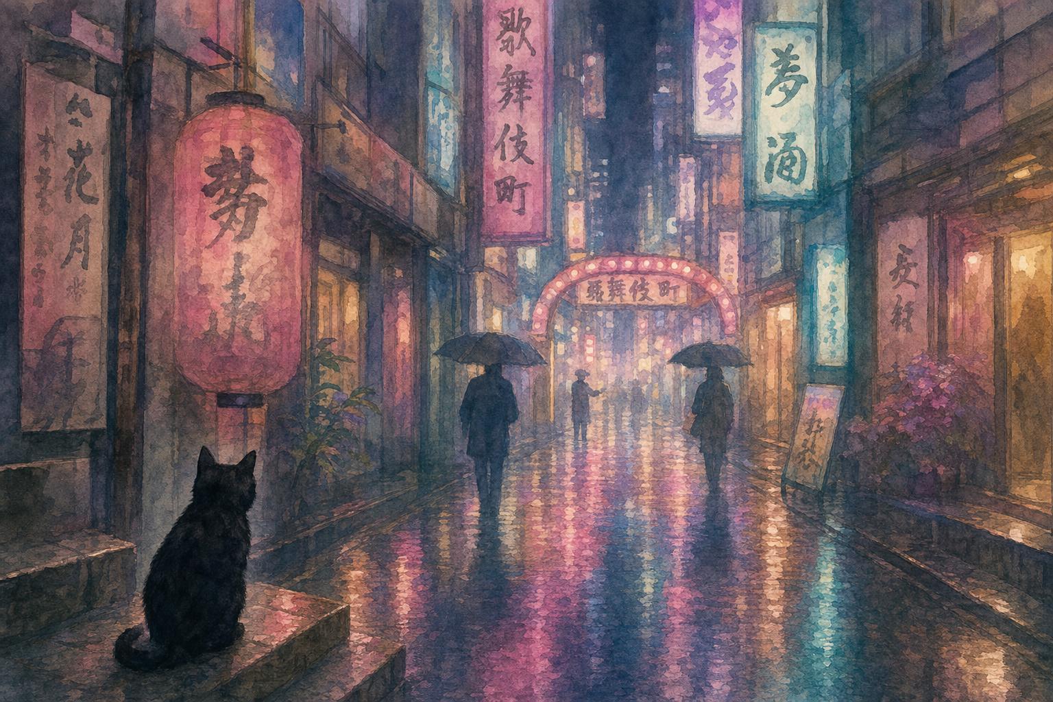 Une ruelle de Kabukichō sous la pluie, la nuit