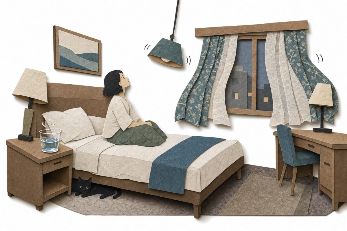 Une secousse depuis la chambre d'hôtel, en papier découpé : la lampe qui balance