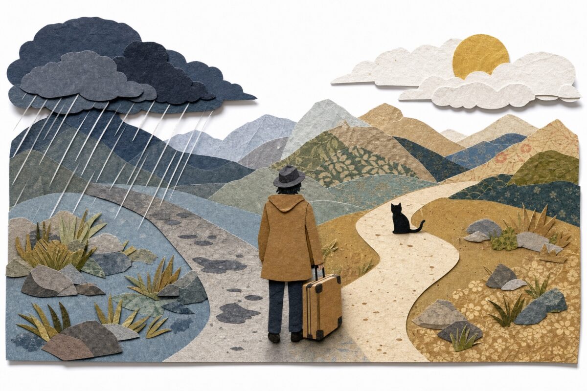 The fork, in cut paper: rain one way, clear sky the other