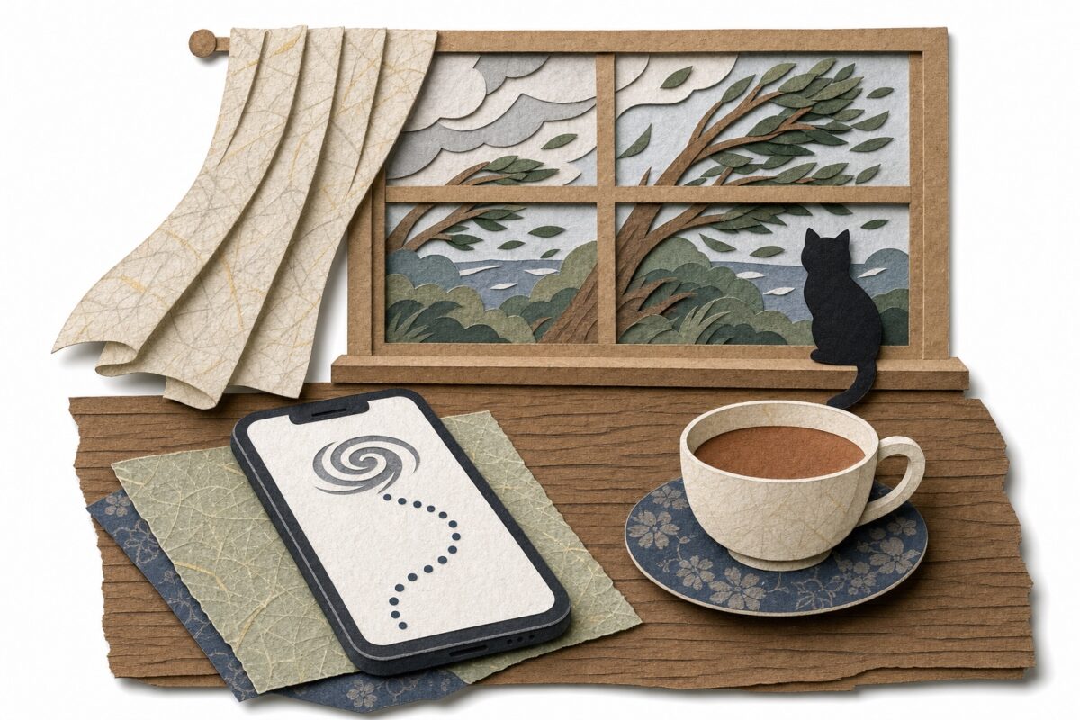 Tracking the storm, in cut paper: the phone on the table
