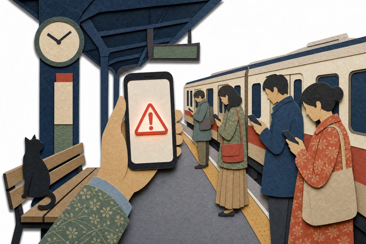 L'alerte sur le téléphone, en papier découpé, sur un quai de gare