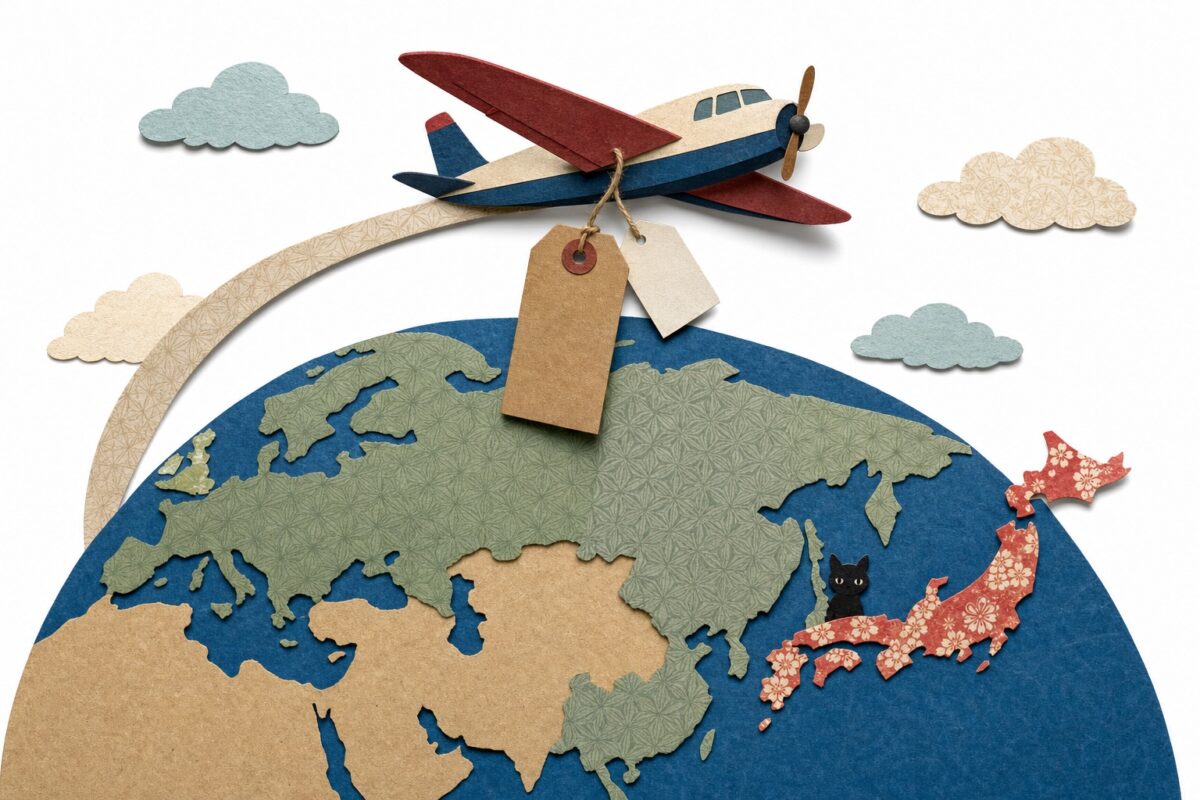 Le vol, en papier découpé : l'avion au-dessus du globe et son étiquette