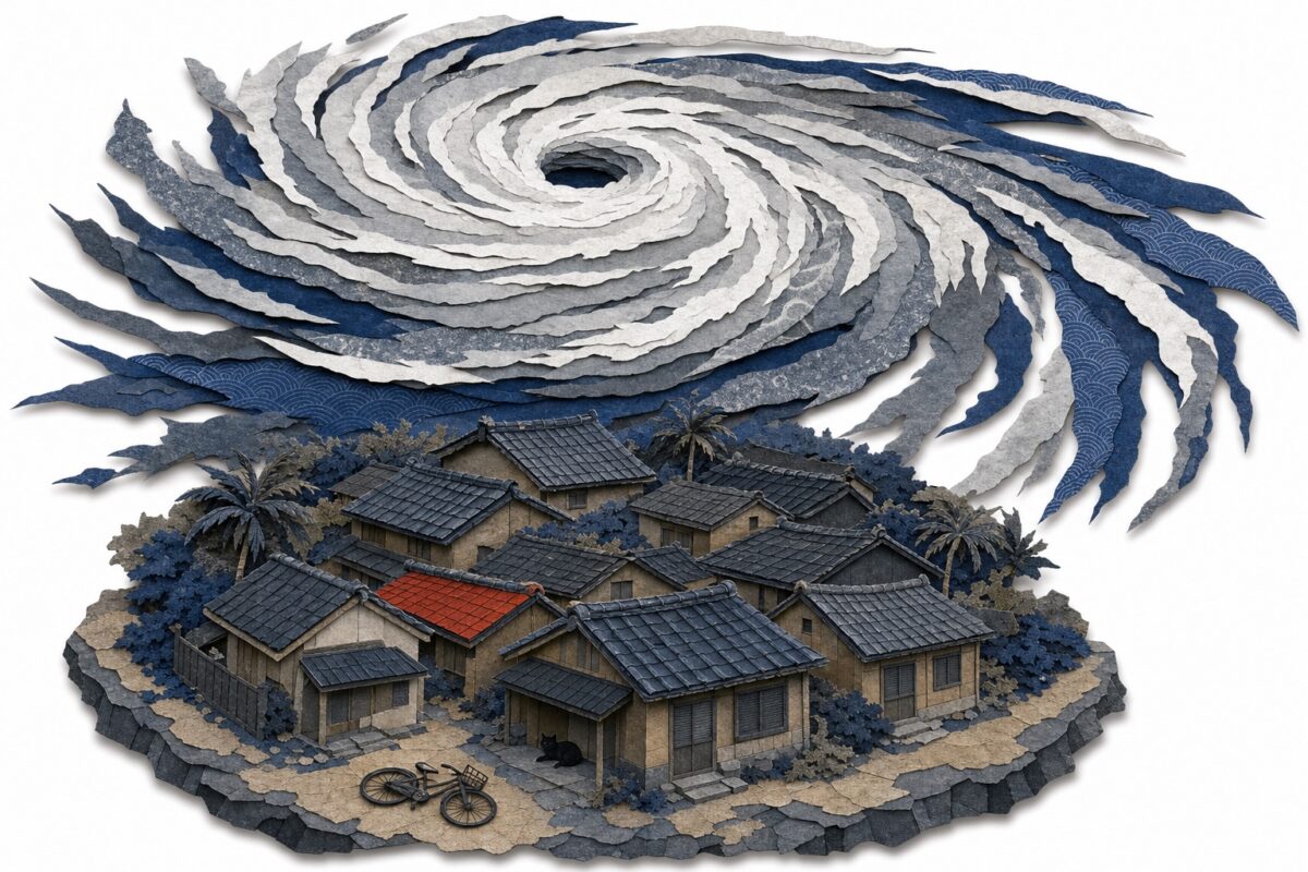 The typhoon from above, in cut paper: the spiral and its eye