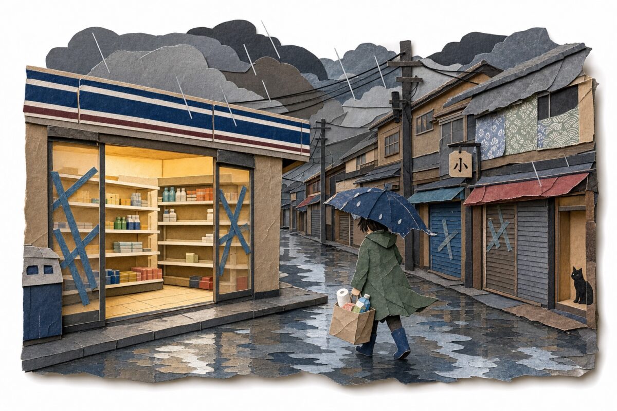 The day before, in cut paper: shutters closed and a picked-over konbini