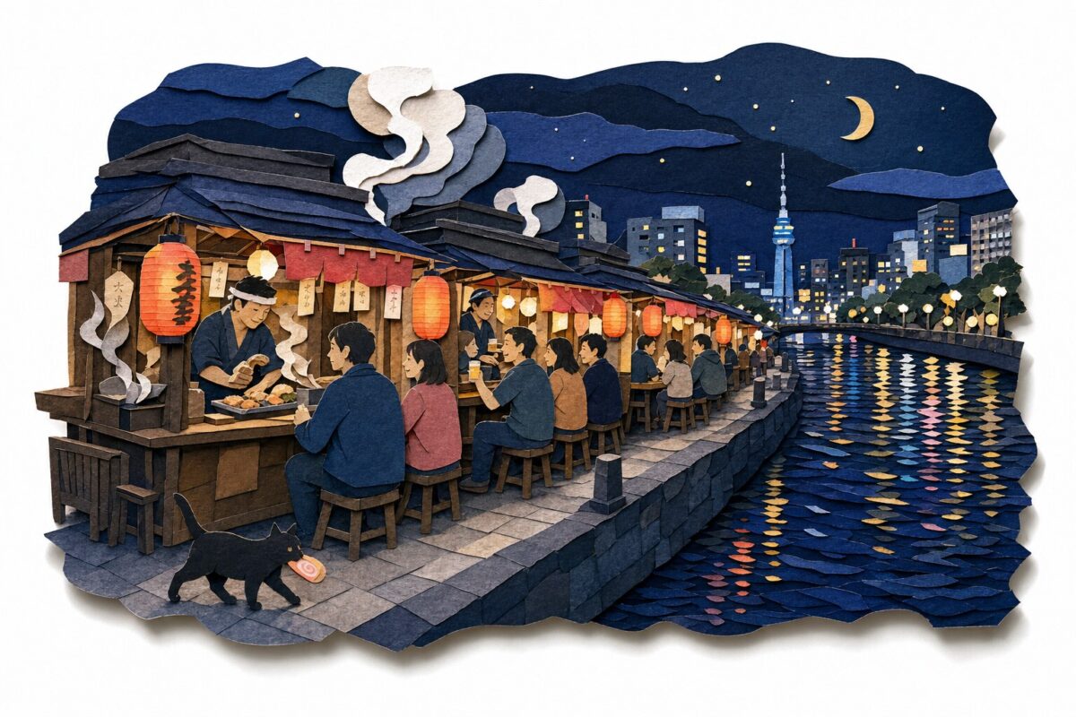 Les yatai de Nakasu à Fukuoka la nuit, en papier découpé