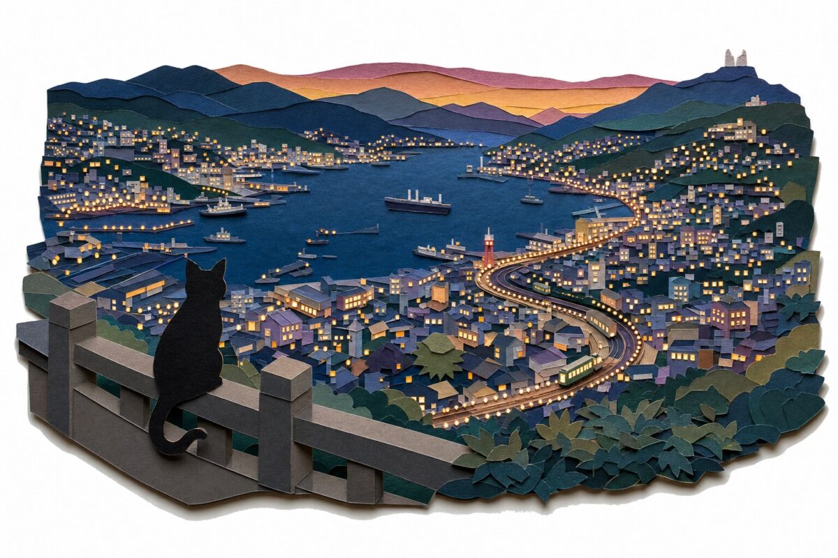 La baie de Nagasaki au crépuscule depuis les hauteurs, en papier découpé