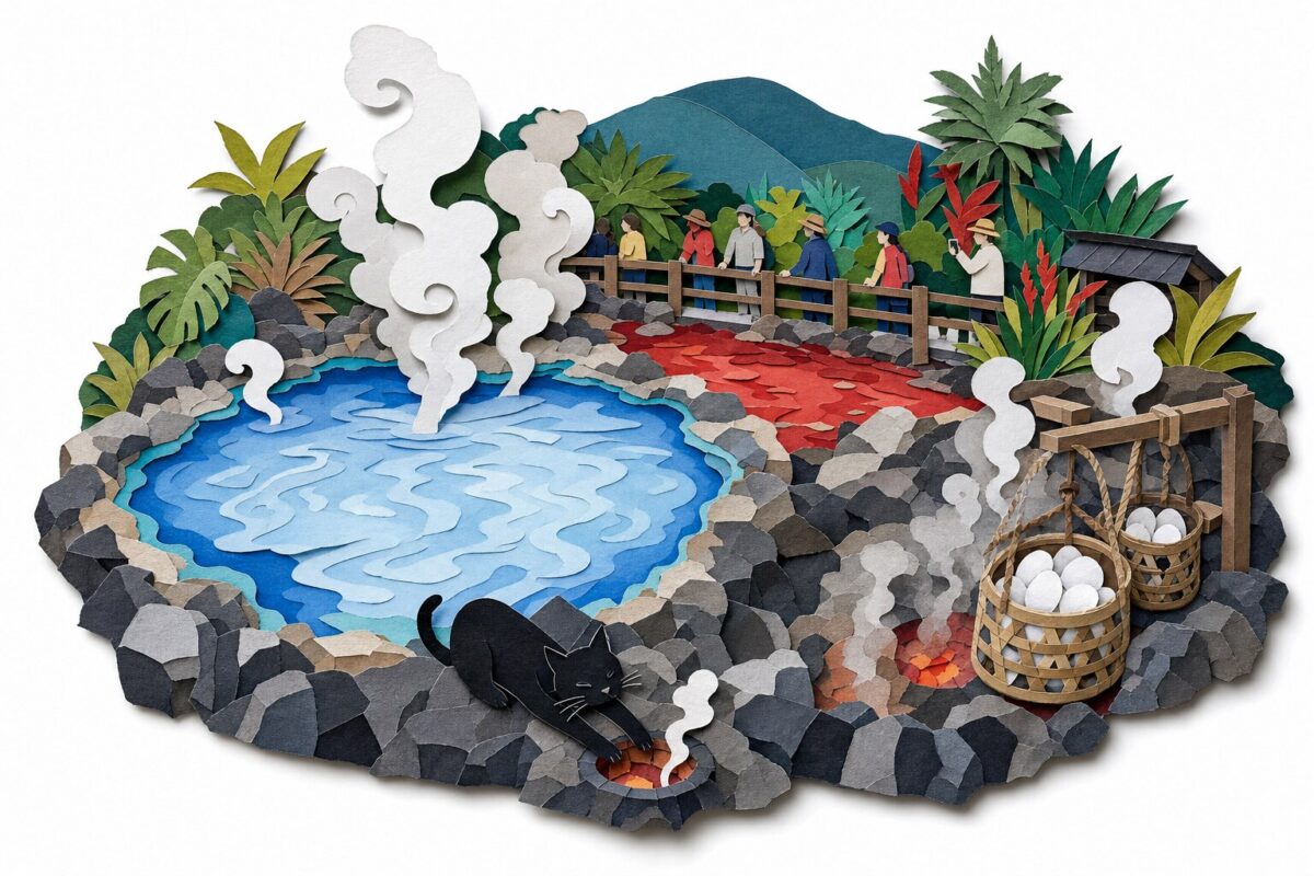 Les enfers de Beppu, bassins cobalt et sang, en papier découpé