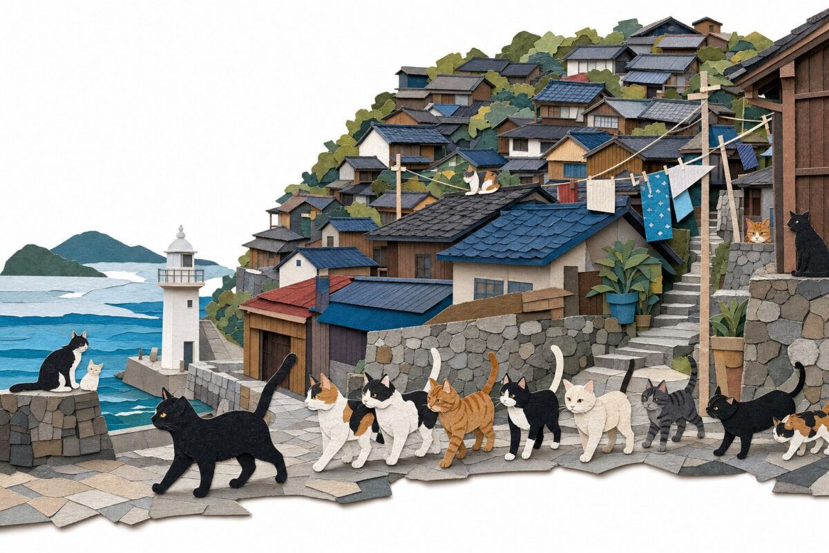 Ogijima, le village en pente et sa parade de chats, en papier découpé