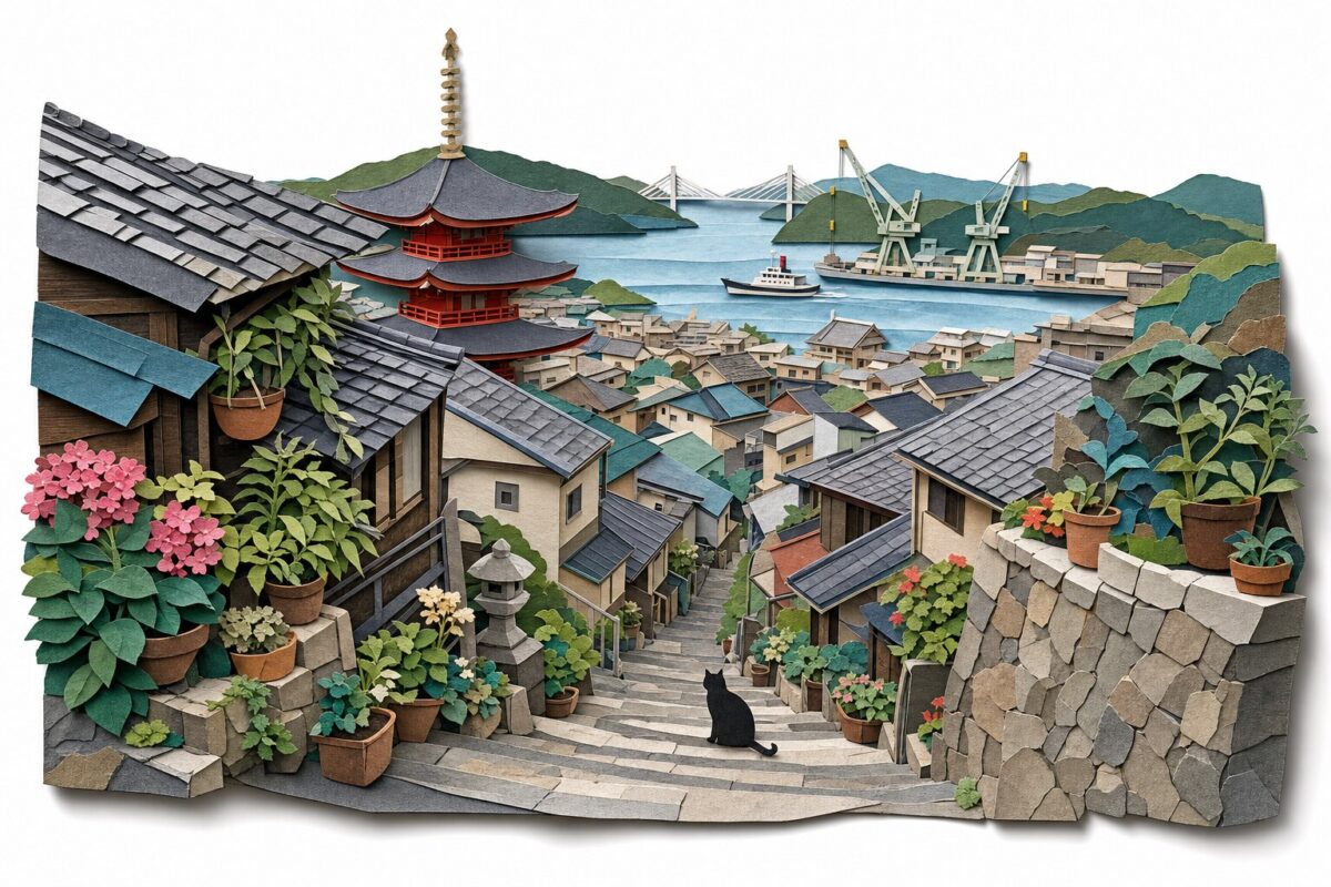 Onomichi, la descente des temples vers le détroit, en papier découpé