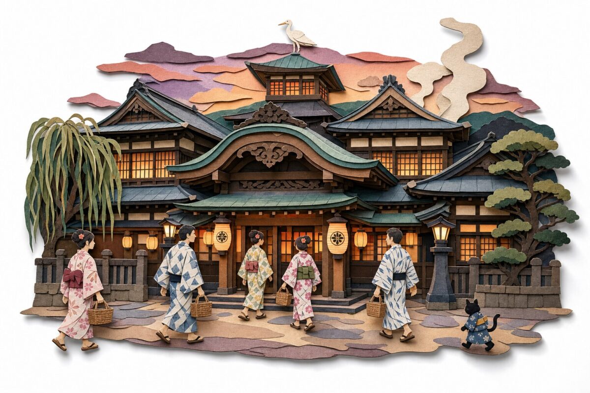 Dōgo Onsen au soir, yukata et héron, en papier découpé
