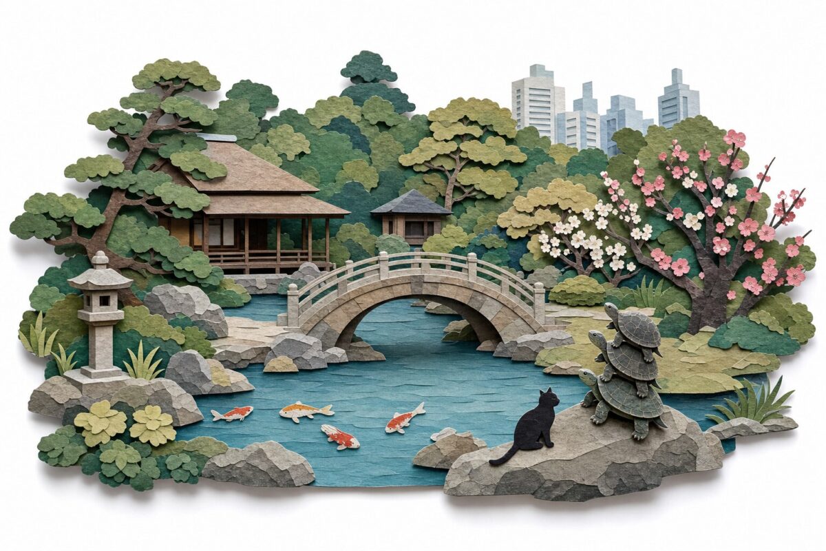 Shukkei-en : le pont arc-en-ciel et les tortues, en papier découpé