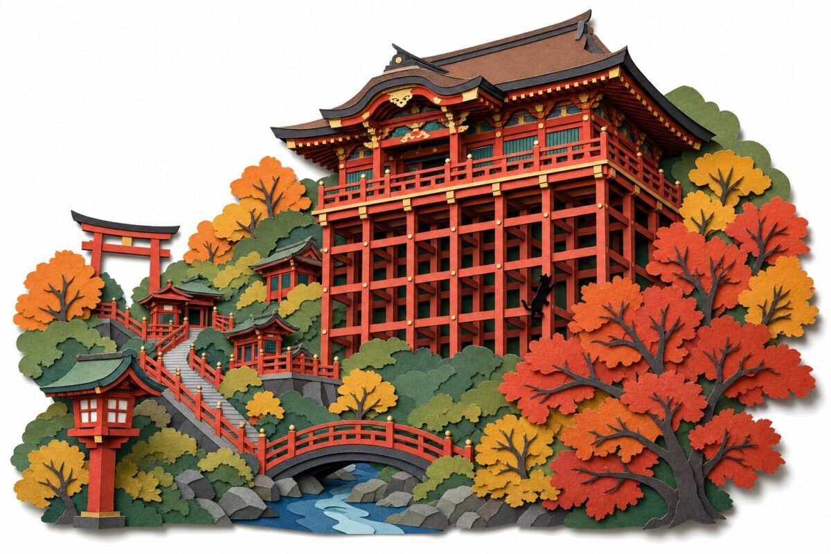 Yūtoku Inari, le palais-balcon sur pilotis, en papier découpé