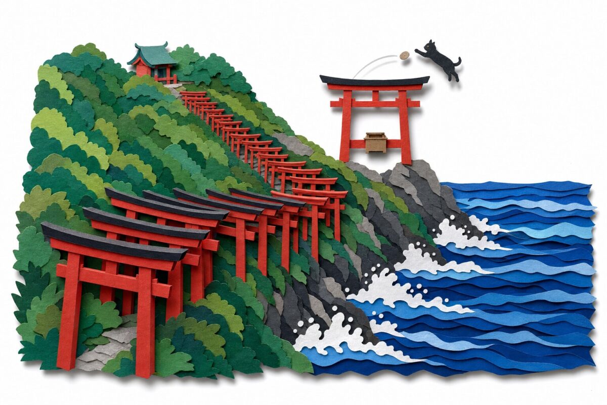 Les 123 torii de Motonosumi face à la mer, en papier découpé