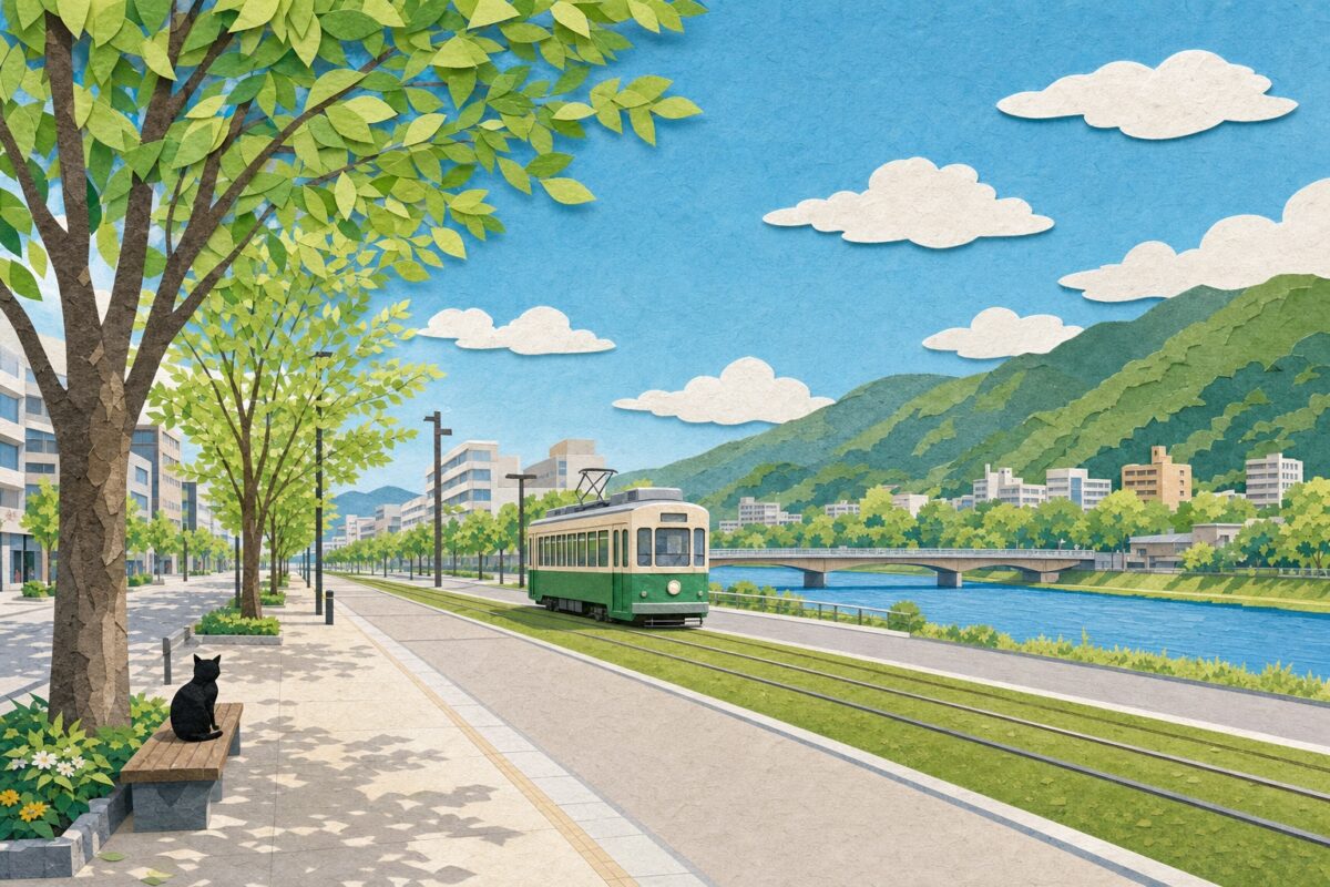 Hiroshima reconstruite, ses larges boulevards plantés, en papier découpé