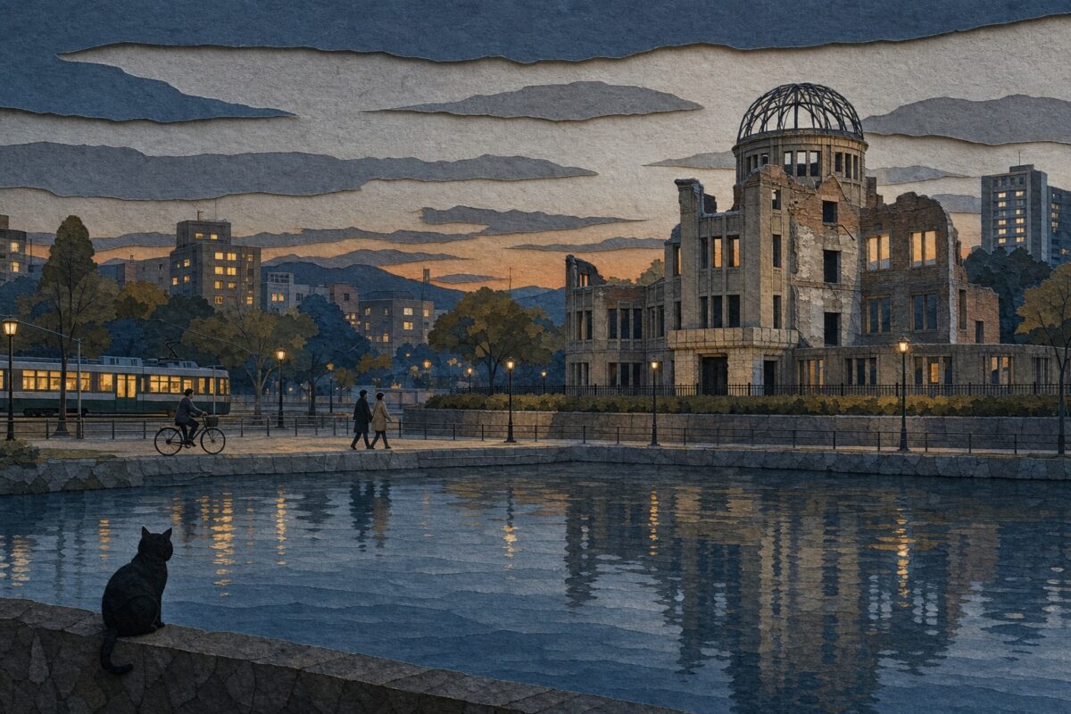 Le dôme de Hiroshima au crépuscule, vu de la rive, en papier découpé