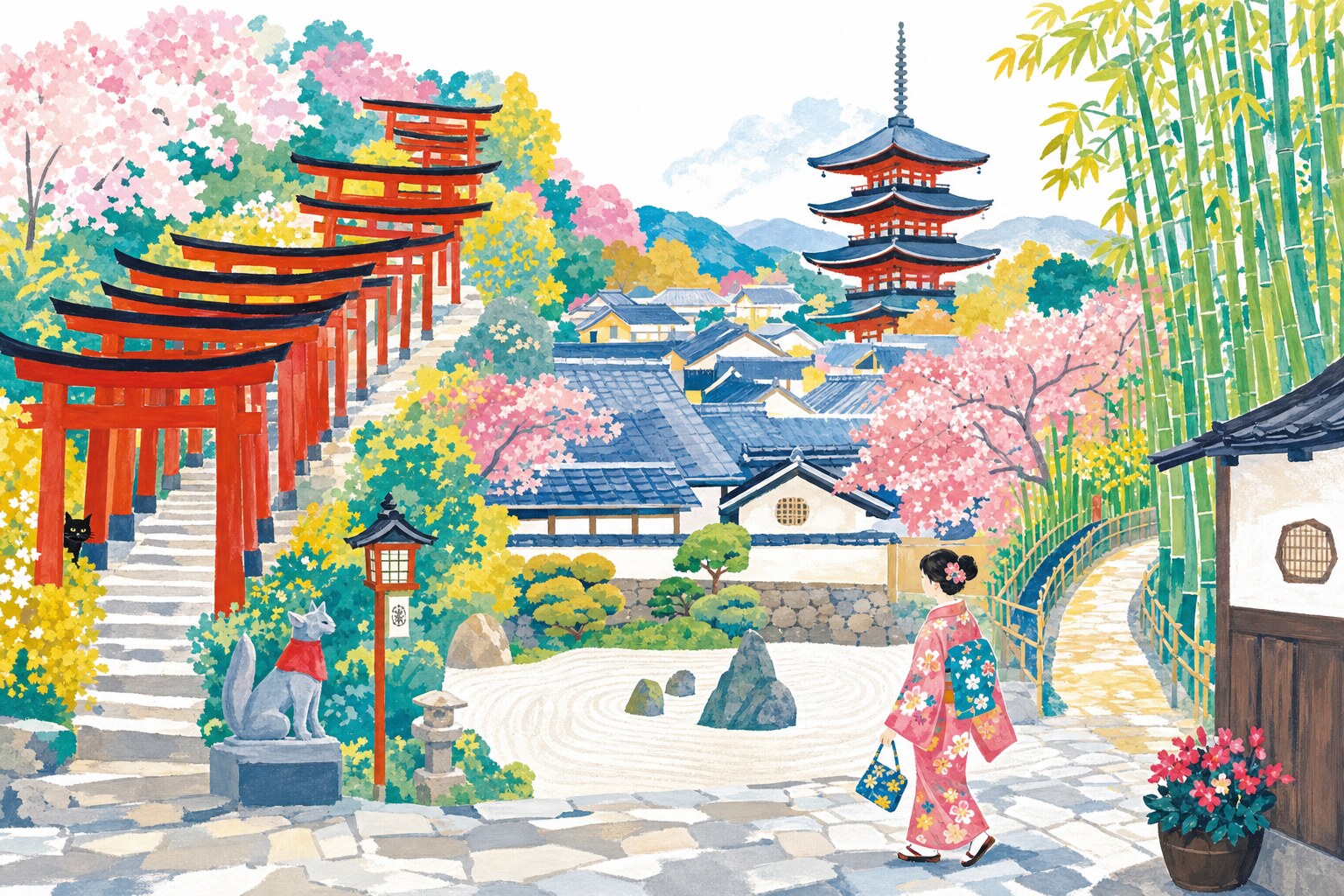 Kyoto en gouache Pop 60 : le tunnel de torii, la pagode et la bambouseraie