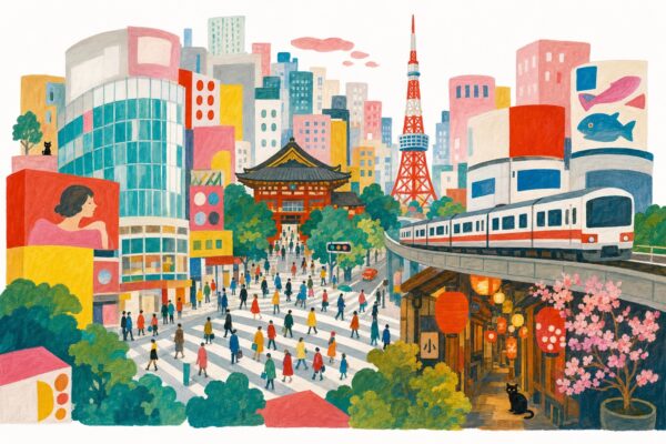 Tokyo en gouache Pop 60 : le carrefour, le petit temple coincé entre les tours et la tour de diffusion