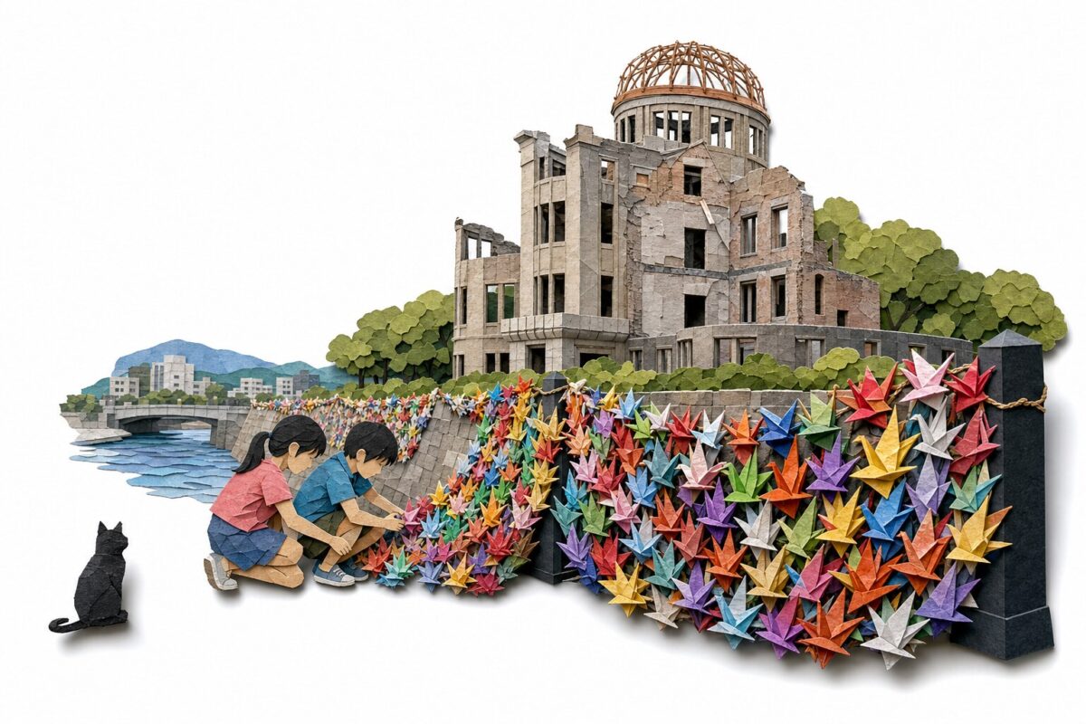 Le Dôme de Genbaku et les guirlandes de grues en origami, en papier découpé