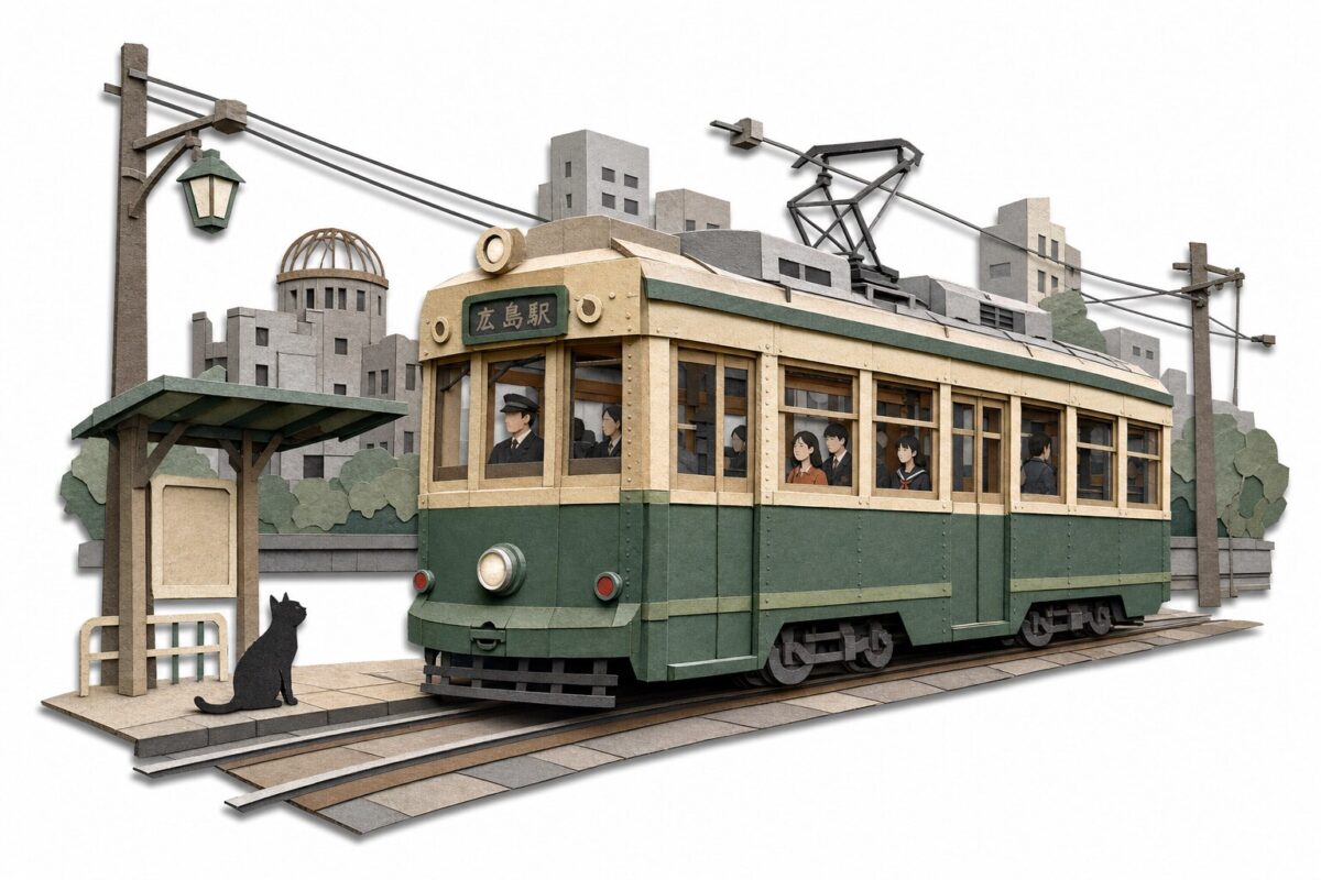 Un tramway Hiroden vert et crème, en papier découpé