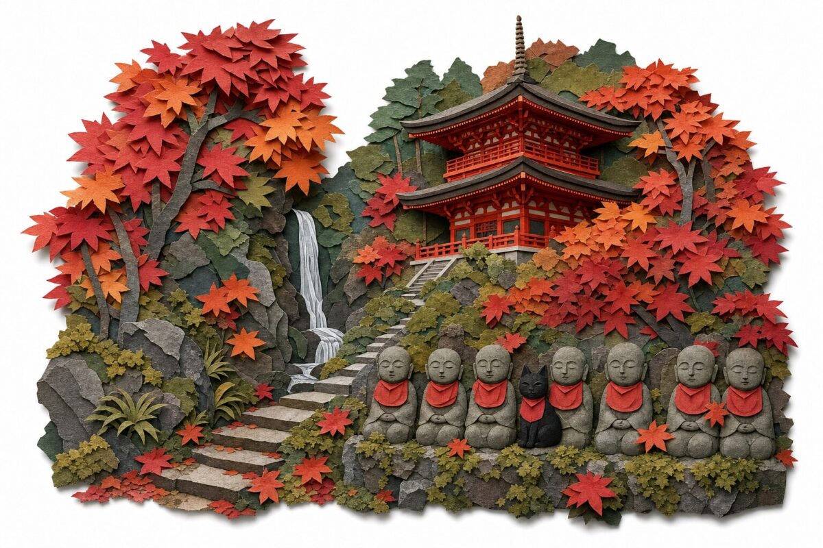 La pagode vermillon de Mitaki-dera parmi les érables et les jizō, en papier découpé