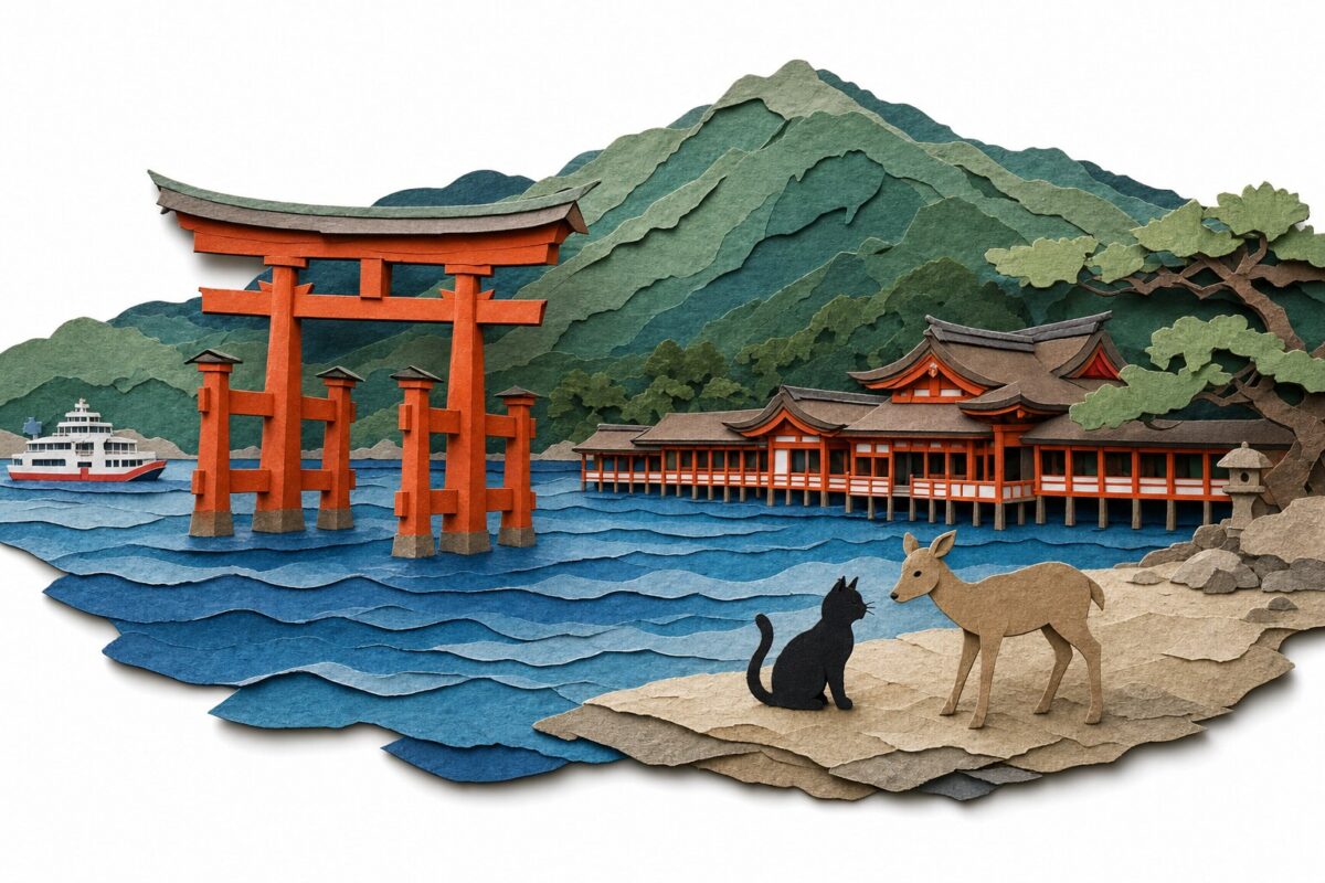 Le torii flottant de Miyajima et les daims, en papier découpé