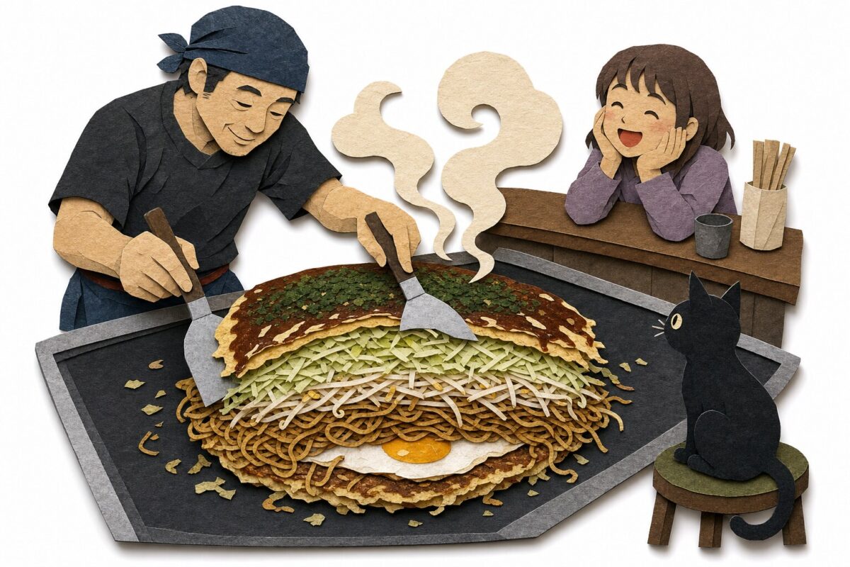 L'okonomiyaki de Hiroshima en couches, sur le teppan, en papier découpé