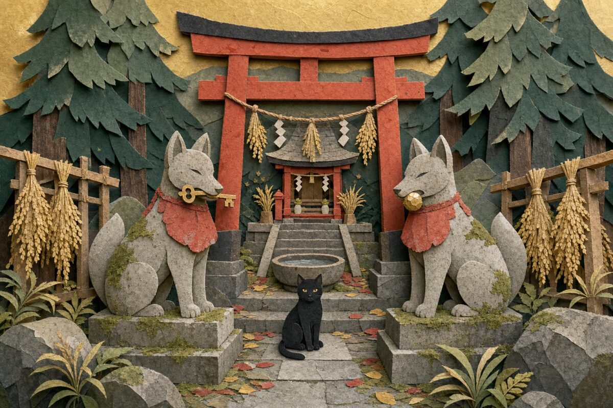 Un petit sanctuaire Inari, ses renards de pierre et ses gerbes de riz, en papier découpé