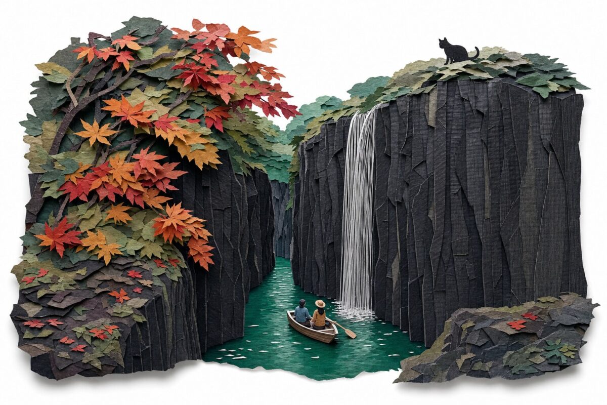 La gorge de Takachiho et sa cascade, barque au pied, en papier découpé