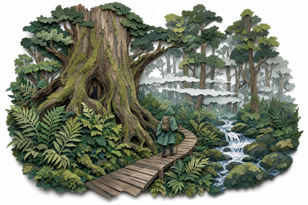 Un cèdre géant de Yakushima dans la brume, en papier découpé