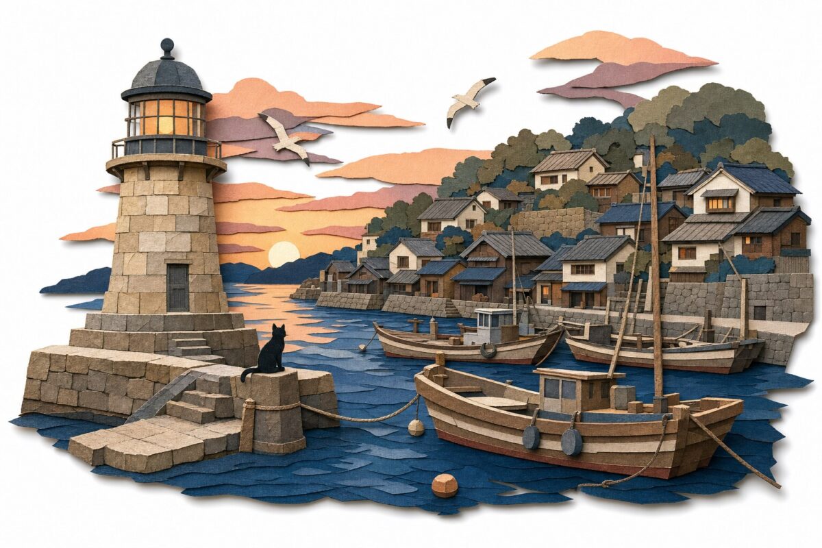 Le port de Tomonoura et sa lanterne jōya-tō au crépuscule, en papier découpé