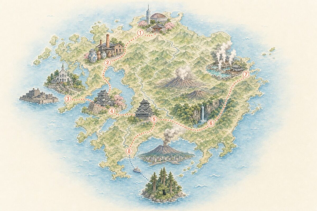 Carte de l'itinéraire de deux semaines au Kyushu, étapes numérotées de Fukuoka à Yakushima